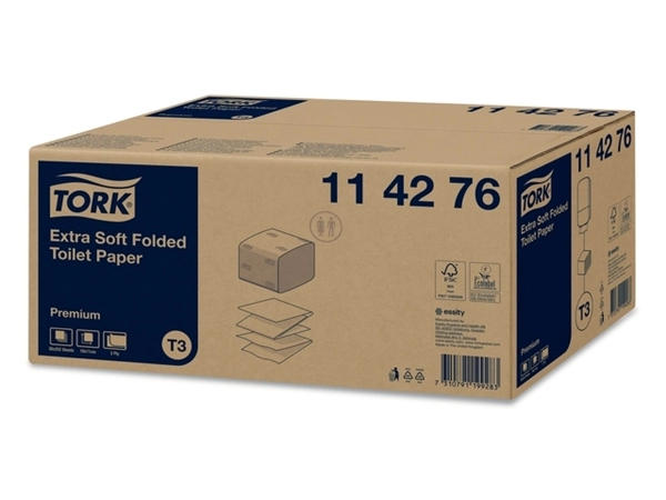 Een Toiletpapier Tork T3 gevouwen Premium Extra Soft 2-laags 30x252vel 114276 koop je bij Kantoorboekhandel Van Atten