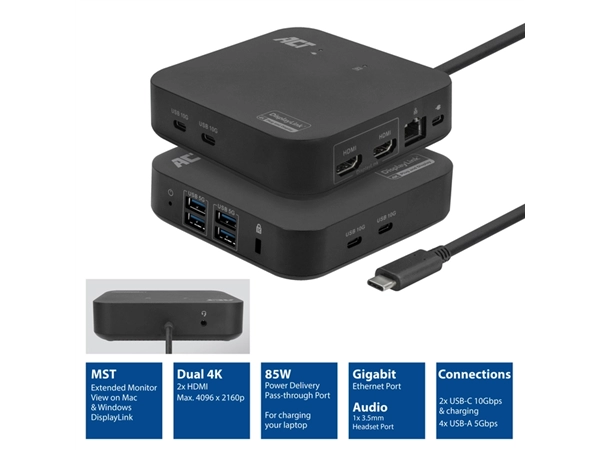 Een Dockingstation ACT USB-C Dual Monitor met Power Delivery koop je bij Continu Kantoor