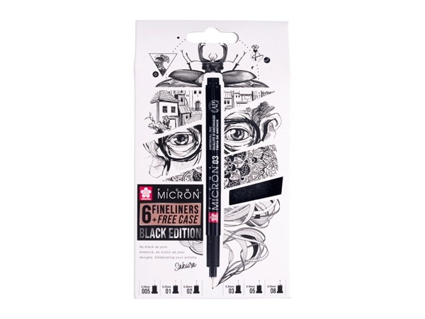 Fineliner Sakura Pigma Micron Black Edition set à 6 breedtes + gratis etui