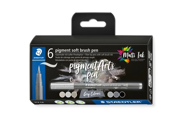 Een Brushpen Staedtler pigment pen etui à 6 grijze kleuren koop je bij Primera Het Hoekstuk