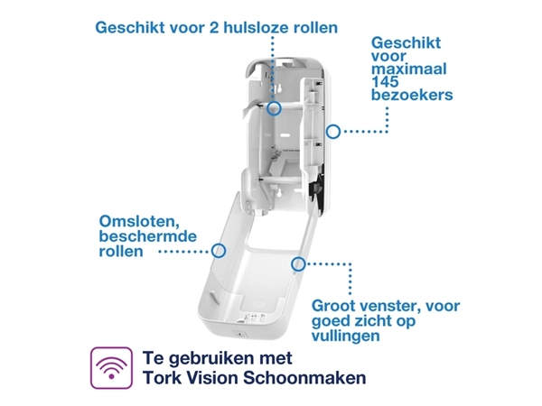 Een Toiletpapierdispenser Tork T7 Elevation OptiServe Coreless verticaal duo wit 558040 koop je bij Continu Kantoor