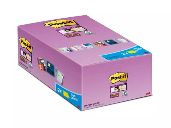 Memoblok Post-it 655 Super Sticky 76x127mm geel 14+2 gratis