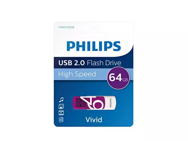 Een USB-stick Philips 2.0 vivid 64GB paars koop je bij All Office Kuipers BV