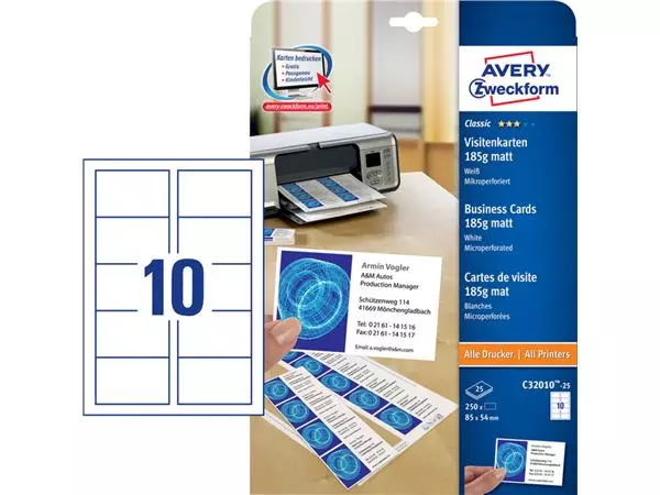 Een Visitekaart Avery Zweckform C32010-25 85x54mm 185gr 250stuks koop je bij Kantorice office & business supplies