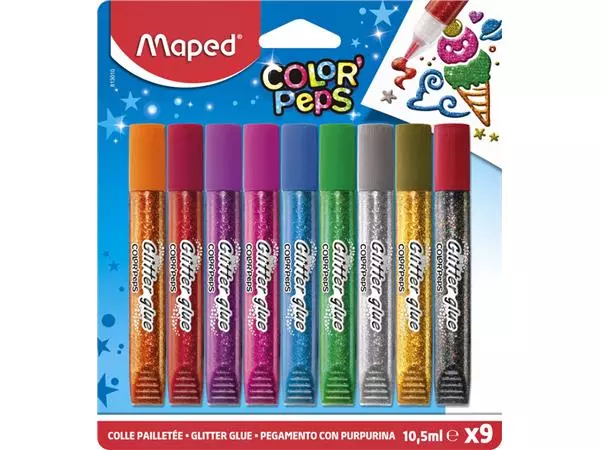 Een Glitterlijm Maped Color'Peps set á 9 kleuren koop je bij Schellen Boek- en Kantoorboekhandel