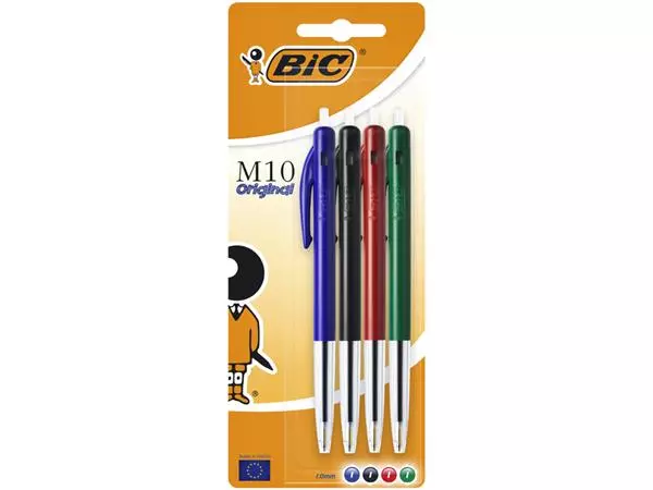 Balpen Bic M10 medium assorti blister à 4 stuks