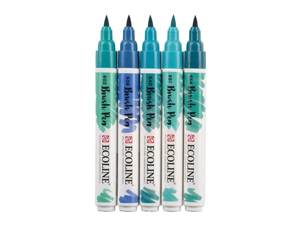 Een Brushpen Talens Ecoline set á 5 stuks groenblauw koop je bij Continu Kantoor