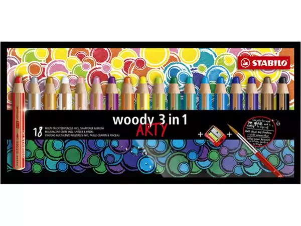 Een Kleurpotloden STABILO 880 woody 3 in 1 Arty incl puntenslijper en penseel assorti etui à 18 stuks koop je bij De Joma BV