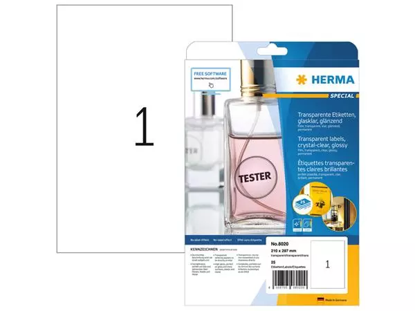 Een Etiket HERMA 8020 210x297mm transparant 25stuks koop je bij De Joma BV