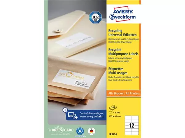 Een Etiket Avery LR3424 105x48mm wit 1200stuks koop je bij "De Waal" Kantoor Efficiency