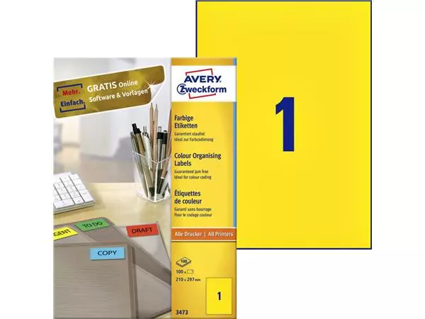 Een Etiket AZ 3473 210x297mm A4 geel 100stuks koop je bij All Office Kuipers BV