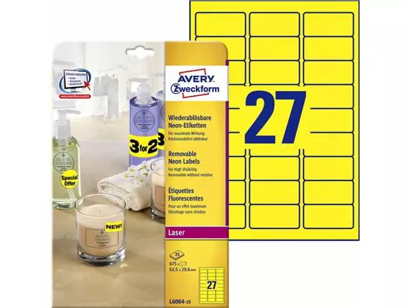Een Etiket Avery L6004-25 63.5x29.6 neon geel 675stuks koop je bij All Office Kuipers BV