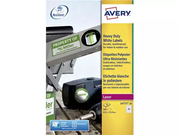 Een Etiket Avery L4773-20 63.5x33.9mm polyester wit 480stuks koop je bij De Joma BV