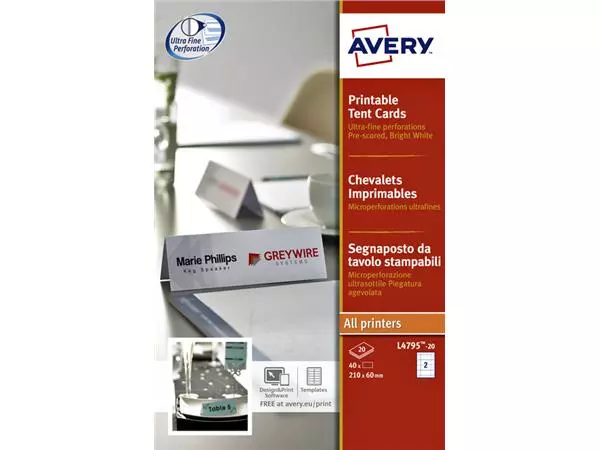 Een Tafelnaambord Avery L4795-20 180x60mm wit 20 stuks koop je bij Sysdicom BV