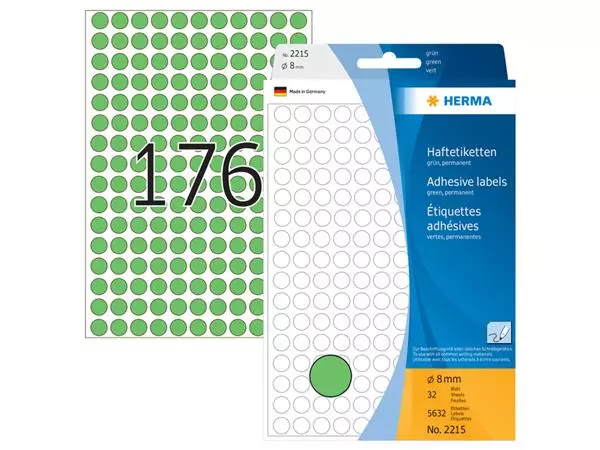 Een Etiket HERMA 2215 rond 8mm groen 5632stuks koop je bij Kantorice office & business supplies