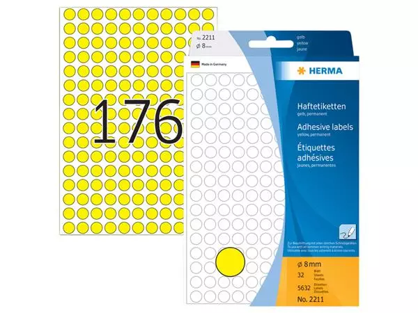 Een Etiket HERMA 2211 rond 8mm geel 5632stuks koop je bij van Kerkvoorde & Hollander B.V.