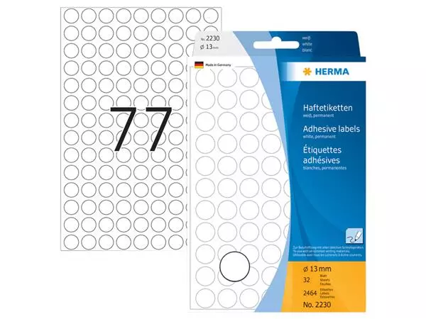 Een Etiket HERMA 2230 rond 13mm wit 2464stuks koop je bij All Office Kuipers BV