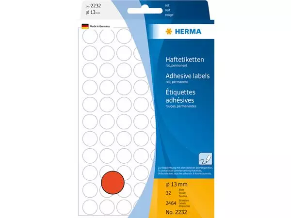 Een Etiket HERMA 2232 rond 13mm rood 2464stuks koop je bij QuickOffice BV