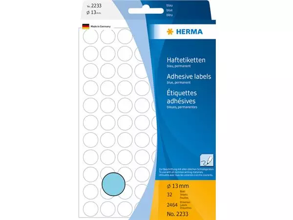 Buy your Etiket HERMA 2233 rond 13mm blauw 2464stuks at QuickOffice BV