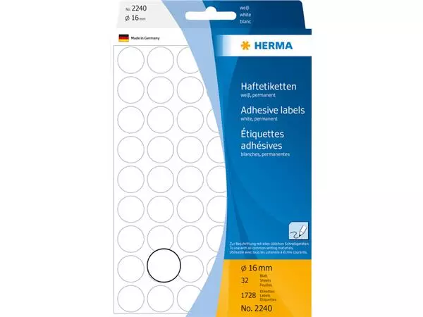 Een Etiket HERMA 2240 rond 16mm wit 1728stuks koop je bij Romijn Office Supply