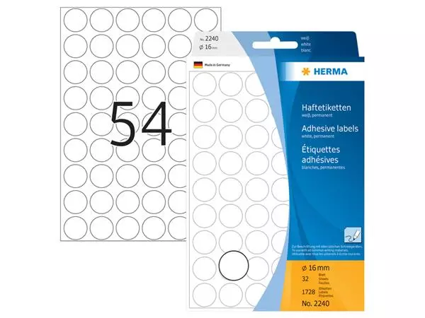 Een Etiket HERMA 2240 rond 16mm wit 1728stuks koop je bij Schellen Boek- en Kantoorboekhandel