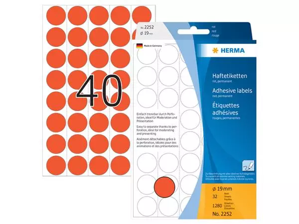 Een Etiket HERMA 2252 rond 19mm rood 1280stuks koop je bij All Office Kuipers BV