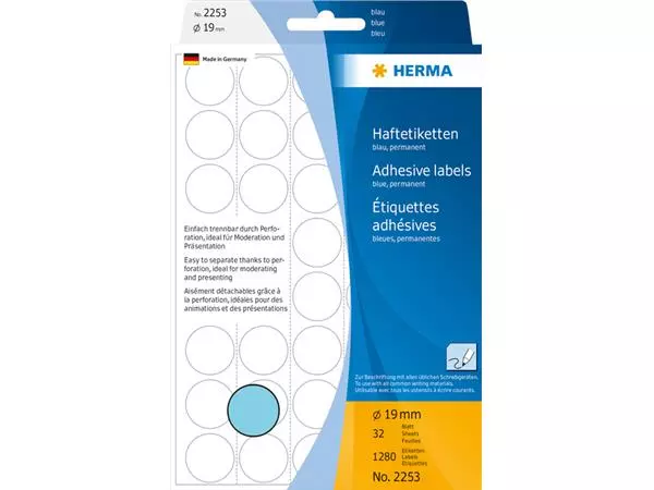 Een Etiket HERMA 2253 rond 19mm blauw 1280stuks koop je bij QuickOffice BV