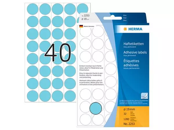Een Etiket HERMA 2253 rond 19mm blauw 1280stuks koop je bij De Joma BV