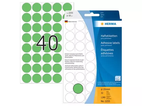 Een Etiket HERMA 2255 rond 19mm groen 1280stuks koop je bij De Joma BV