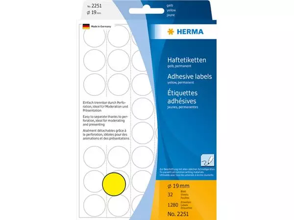 Buy your Etiket HERMA 2251 rond 19mm geel 1280stuks at QuickOffice BV