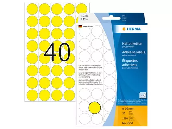 Een Etiket HERMA 2251 rond 19mm geel 1280stuks koop je bij Kantorice office & business supplies