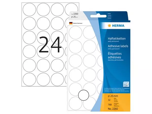 Een Etiket HERMA 2260 rond 25mm wit 768stuks koop je bij Kantorice office & business supplies