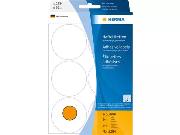 Buy your Etiket HERMA 2284 rond 50mm fluor oranje 144stuks at QuickOffice BV