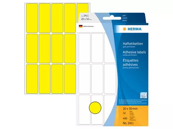 Een Etiket HERMA 2411 20x50mm geel 480 stuks koop je bij Schellen Boek- en Kantoorboekhandel