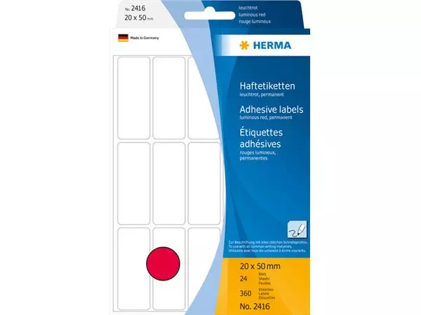 Buy your Etiket HERMA 2416 20x50mm fluor rood 360stuks at QuickOffice BV