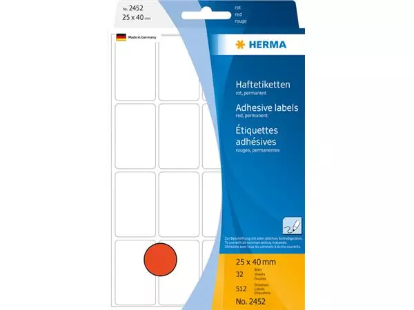 Een Etiquette HERMA 2452 25x40mm rouge 512 pièces koop je bij QuickOffice BV