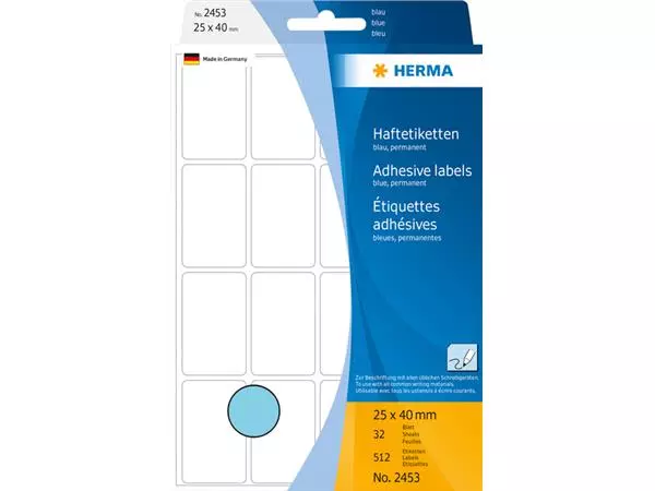 Buy your Etiket HERMA 2453 25x40mm blauw 512stuks at QuickOffice BV