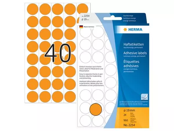 Een Etiket HERMA 2254 rond 19mm fluor oranje 960stuks koop je bij De Joma BV