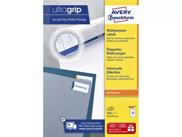 Een Etiket Avery Zweckform 3421 70x25.4mm wit 3300stuks koop je bij All Office Kuipers BV