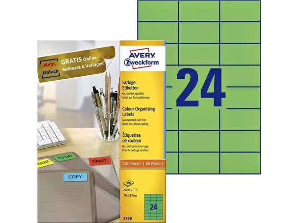 Een Etiket Avery Zweckform 3450 70x37mm groen 2400stuks koop je bij van Kerkvoorde & Hollander B.V.