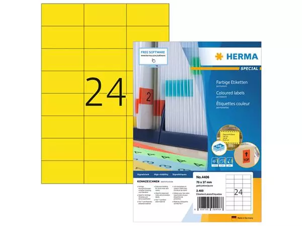 Een Etiket HERMA 4406 70x37mm geel 2400stuks koop je bij Schellen Boek- en Kantoorboekhandel