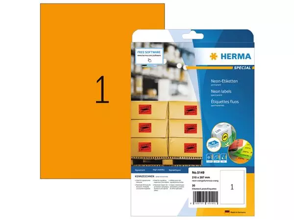 Een Etiket HERMA 5149 210x297mm A4 fluor or 20stuks koop je bij All Office Kuipers BV