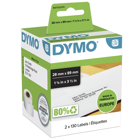 Een Etiket Dymo LabelWriter adressering 28x89mm 2 rollen á 130 stuks wit koop je bij iPlusoffice