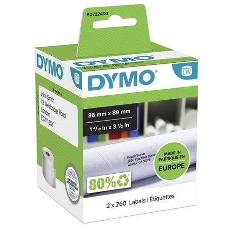 Een Etiket Dymo LabelWriter adressering 36x89mm 2 rollen á 260 stuks wit koop je bij QuickOffice BV