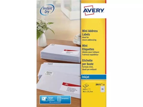 Een Etiket Avery J8651-25 38.1x21.2mm wit 1625stuks koop je bij All Office Kuipers BV