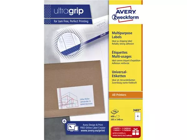 Een Etiket Avery Zweckform 3483 105x148mm A6 wit 400stuks koop je bij QuickOffice BV