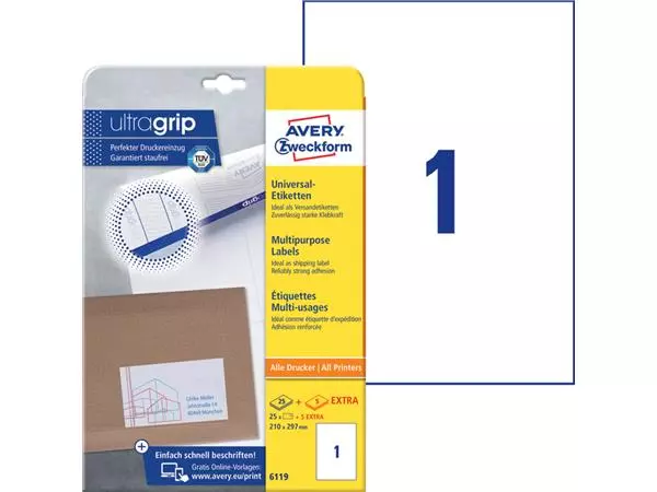 Een Etiket Avery Zweckform 6119 210x297mm A4 wit 25stuks koop je bij Kantorice office & business supplies