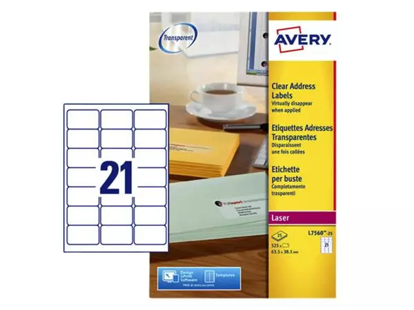 Een Etiket Avery L7560-25 63.5x38.1mm transparant 525stuks koop je bij QuickOffice BV