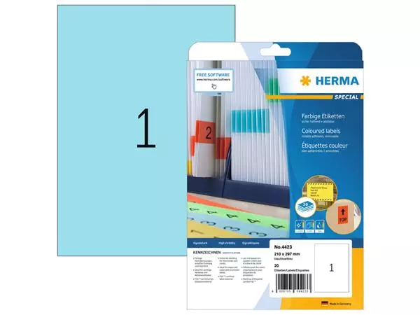 Een Etiket HERMA 4423 210x297mm A4 verwijderbaar blauw 20stuks koop je bij De Joma BV