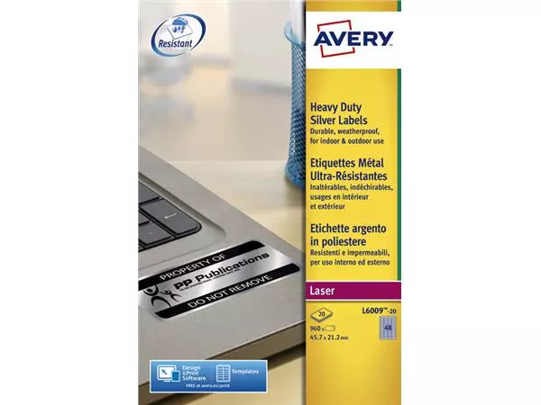 Een Etiket Avery L6009-20 45.7x21.2mm zilver 960stuks koop je bij Kantoorboekhandel Van Atten